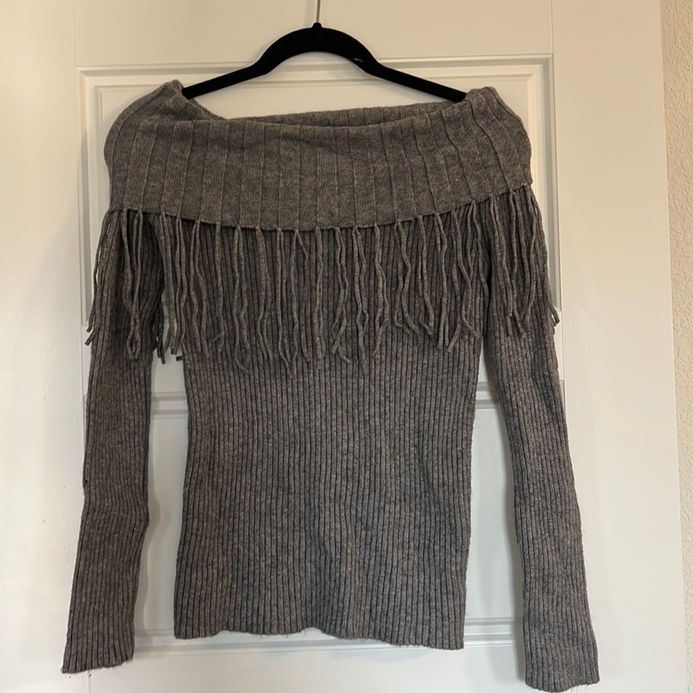 Off the shoulder fringe sweater